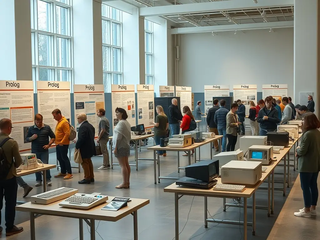 A photograph of a public exhibition showcasing the history of Prolog, emphasizing the organization's efforts to raise public awareness.