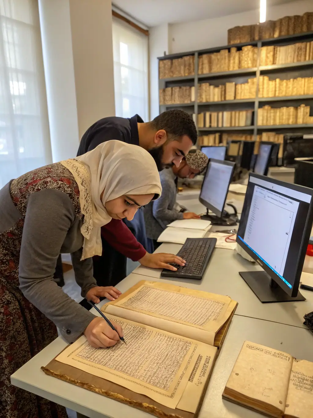 A photo of volunteers organizing materials for a Prolog Heritage exhibition, showcasing historical documents and artifacts. The image should highlight the organization's preservation efforts.