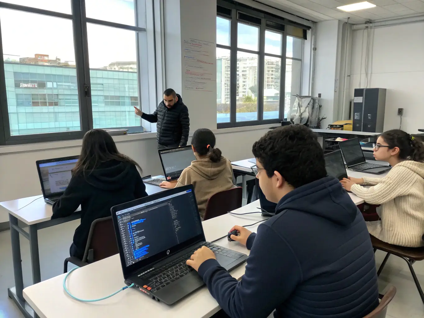 A photograph of a classroom setting where students are learning Prolog programming, highlighting the educational aspect of the organization's activities.